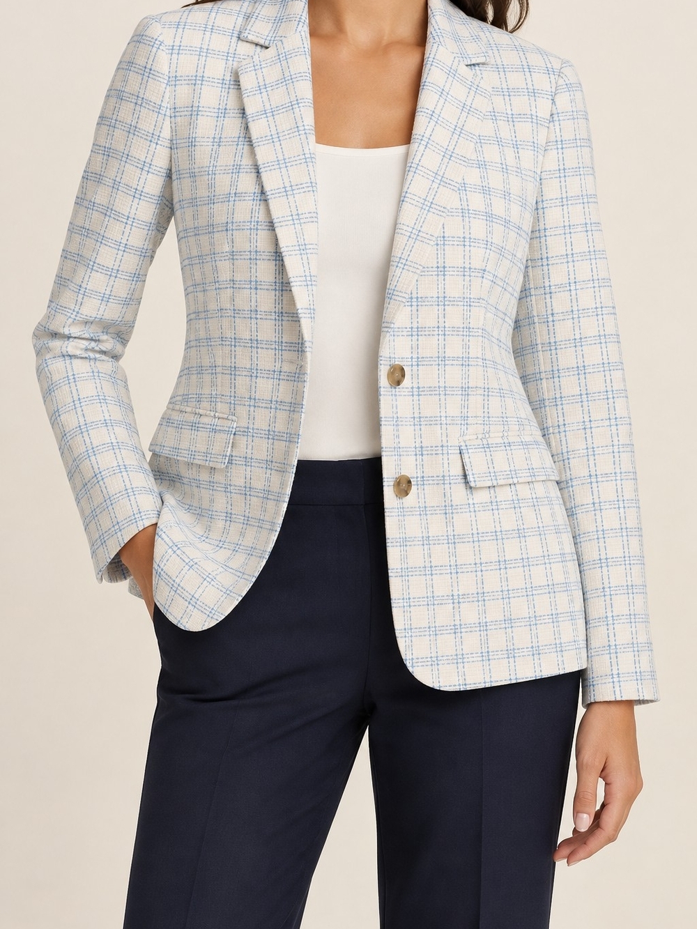 NWT Ann Taylor Blue White Windowpane Plaid Cotton Blazer Size 14